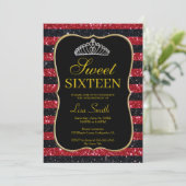 Elegant Chic Black Red Glitter Tiara Sweet 16 Kaart (Staand voorkant)