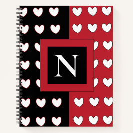Elegant Chic Black Red White Hearts Monogram Notitieboek