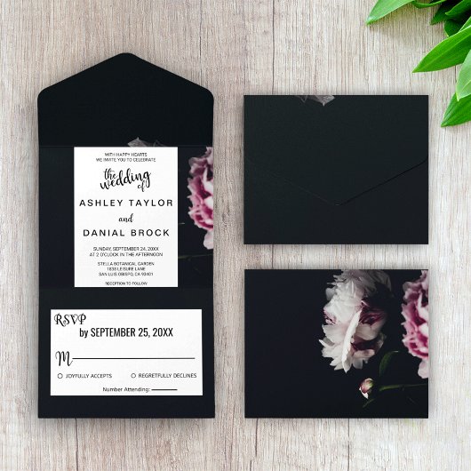 Elegant chic Black romantic roos floral Wedding Al All In One Uitnodiging