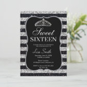 Elegant Chic Black Silver Glitter Tiara Sweet 16 Kaart (Staand voorkant)