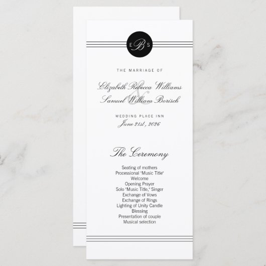 Elegant Chic Black White Monogram Weddenprogramma Programmakaart (Voorkant / Achterkant)