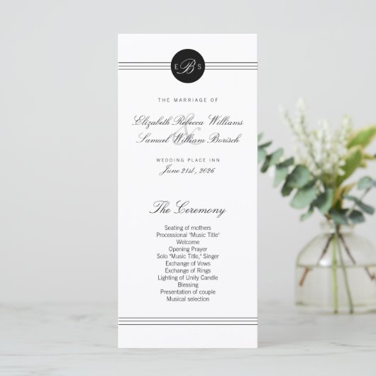 Elegant Chic Black White Monogram Weddenprogramma Programmakaart (Staand voorkant)