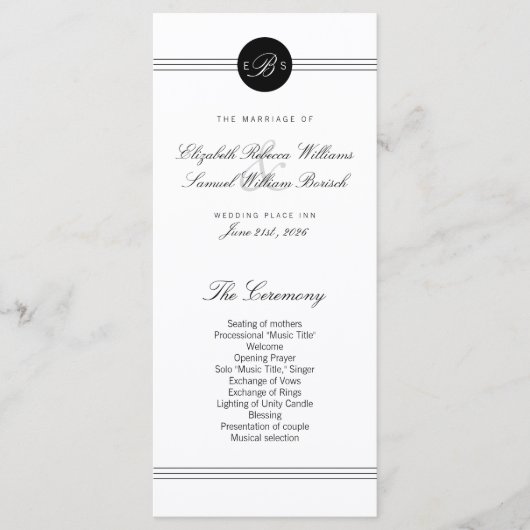 Elegant Chic Black White Monogram Weddenprogramma Programmakaart (Voorkant)
