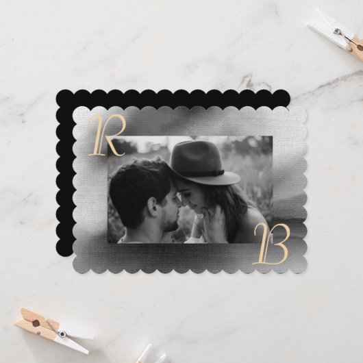 Elegant Chic Black White Photo Monogram Weddenscha Kaart (Voorkant / Achterkant in situ)