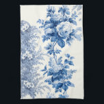 Elegant Chic Blauw en Wit  Bloemen Theedoek<br><div class="desc">Klassieke en elegante blauwe en grijze bloemen,  wijnstokken en bladeren op witte achtergrond.</div>