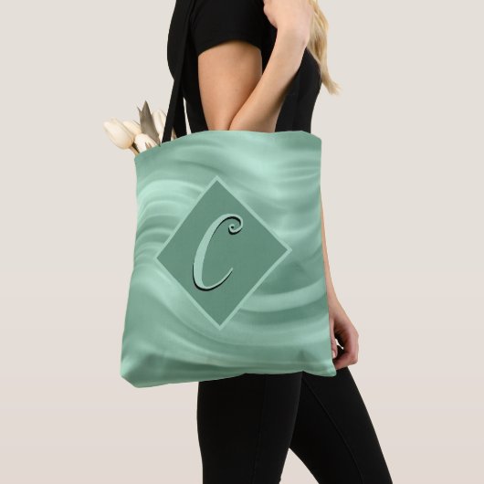 Elegant Chic Blauwgroen Swirl Monogram Modern Tote Bag (Dichtbij)