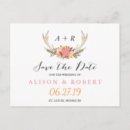 Elegant Chic Bloemen Wit Antler Save the Date Aankondigingskaart