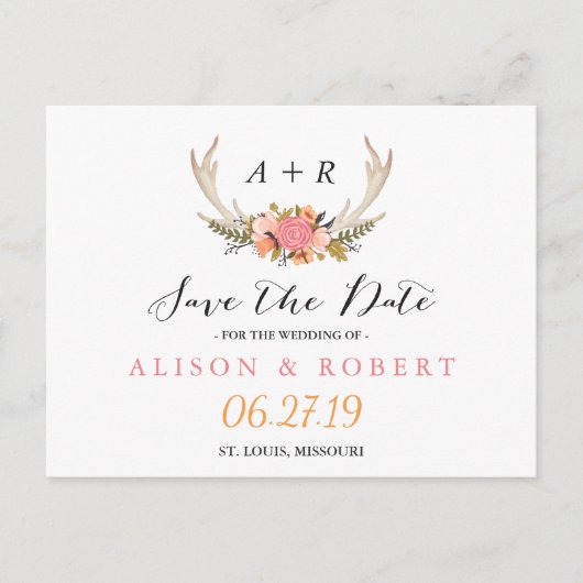 Elegant Chic Bloemen Wit Antler Save the Date Aankondigingskaart (Voorkant)