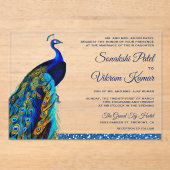 Elegant Chic Blue Glitter Peacock Indian Wedding Acryl Uitnodigingen (Voorkant)