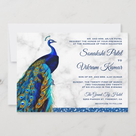 Elegant Chic Blue Glitter Peacock Indian Wedding Kaart (Voorkant)