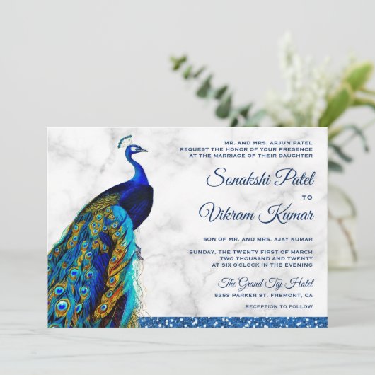 Elegant Chic Blue Glitter Peacock Indian Wedding Kaart (Staand voorkant)