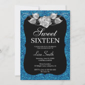Elegant Chic Blue Glitter Silver Roos Sweet 16 Kaart (Voorkant)