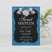 Elegant Chic Blue Glitter Silver Roos Sweet 16 Kaart (Staand voorkant)