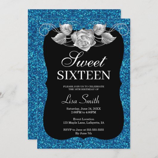 Elegant Chic Blue Glitter Silver Roos Sweet 16 Kaart (Voorkant / Achterkant)