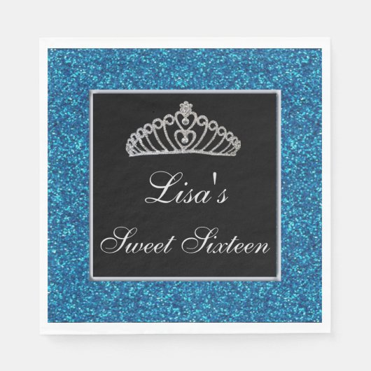 Elegant Chic Blue Glitter Tiara Sweet 16 Servet (Voorkant)