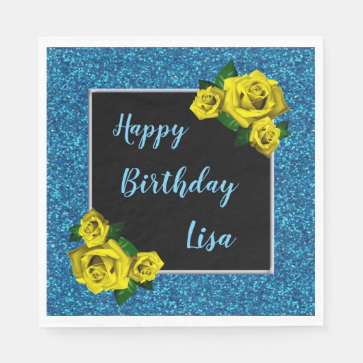 Elegant Chic Blue Glitter Yellow Roses Birthday Servet (Voorkant)