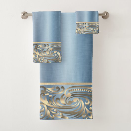 Elegant Chic Blue Metallic Gold Swirls Bad Handdoek (Insitu)