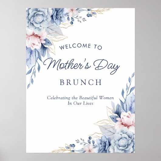 Elegant Chic Blue Moederdag Brunch Welkom Poster (Voorkant)