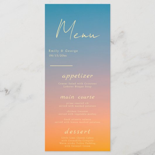 Elegant Chic Blue Oranje Modern Simple Wedding Menu (Voorkant)