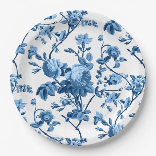 Elegant Chic  Blue Roos Floral Papieren Bordje (Voorkant)