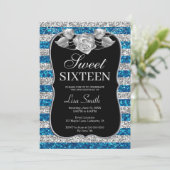 Elegant Chic Blue Silver Glitter Roos Sweet 16 Kaart (Staand voorkant)