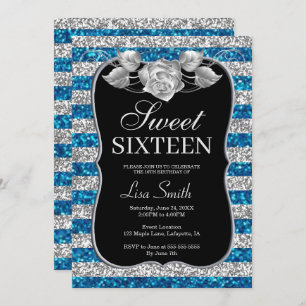 Elegant Chic Blue Silver Glitter Roos Sweet 16 Kaart