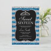 Elegant Chic Blue Silver Glitter Tiara Sweet 16 Kaart (Staand voorkant)