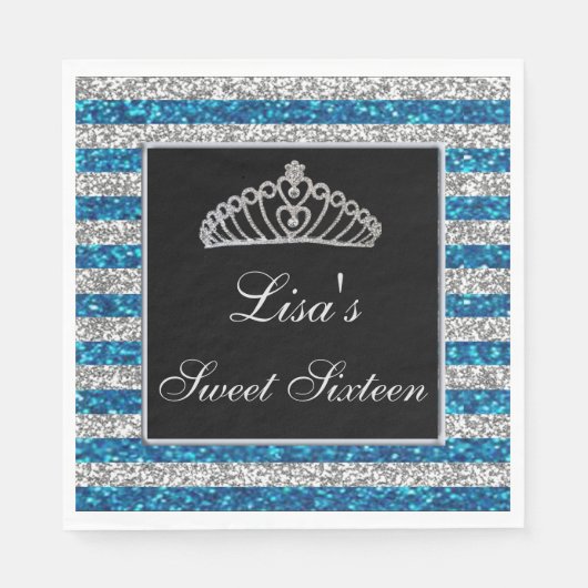Elegant Chic Blue Silver Glitter Tiara Sweet 16 Servet (Voorkant)