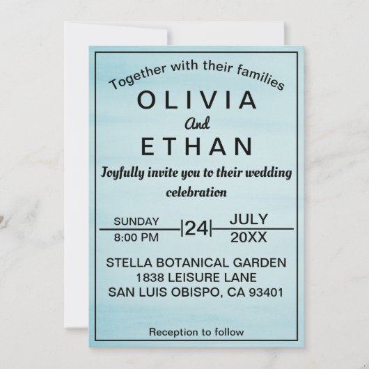 Elegant chic blue sky Wedding Invitation Kaart (Voorkant)
