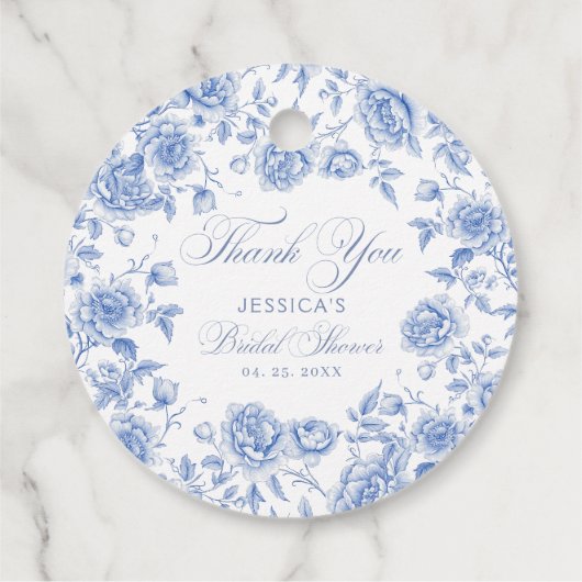 Elegant Chic Blue Toile Chinoiserie Vrijgezellenfe Bedankjes Labels (Achterkant)