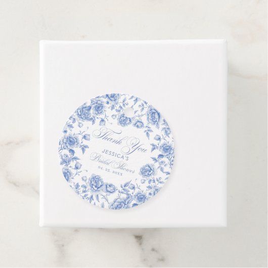Elegant Chic Blue Toile Chinoiserie Vrijgezellenfe Bedankjes Labels (In situ)