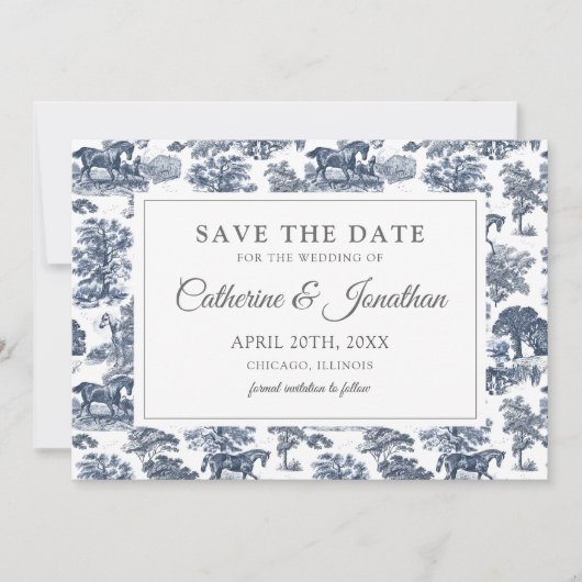 Elegant  Chic Blue Toile Horse Save The Date (Voorkant)