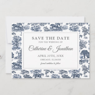 Elegant  Chic Blue Toile Horse Save The Date