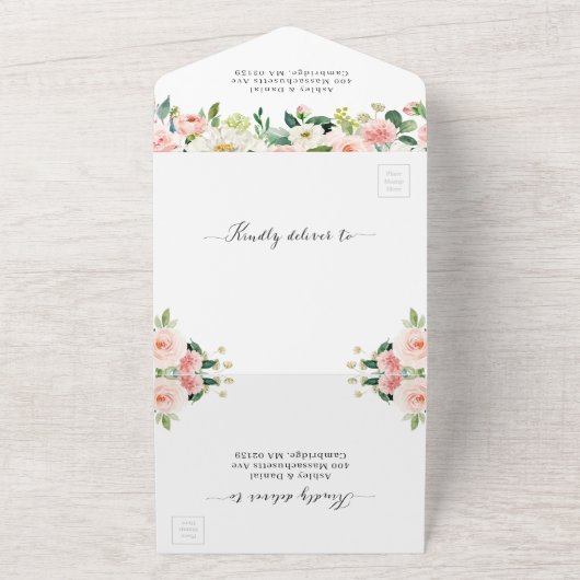 Elegant Chic Blush Floral Wedding Details RSVP All In One Uitnodiging (Buitenkant)