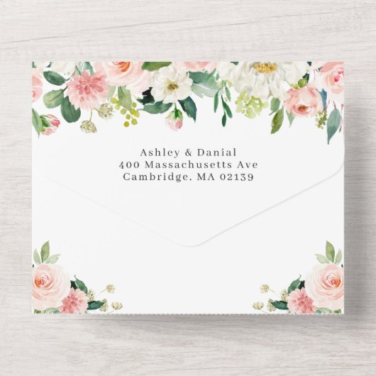 Elegant Chic Blush Floral Wedding Details RSVP All In One Uitnodiging (Achterkant)