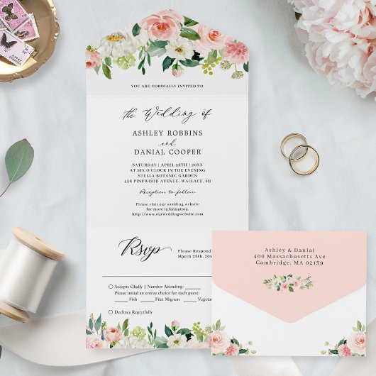 Elegant Chic Blush Floral Wedding (geen ENV nodig) All In One Uitnodiging