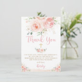 Elegant Chic Blush Pink Floral Gold Baptisme Foto Bedankkaart (Staand voorkant)