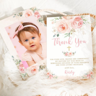Elegant Chic Blush Pink Floral Gold Baptisme Foto Bedankkaart