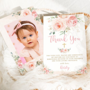 Elegant Chic Blush Pink Floral Gold Baptisme Foto Bedankkaart