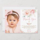 Elegant Chic Blush Pink Floral Gold Baptisme Foto Bedankkaart (Voorkant)