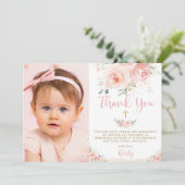 Elegant Chic Blush Pink Floral Gold Baptisme Foto Bedankkaart (Staand voorkant)