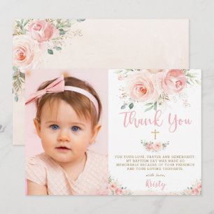 Elegant Chic Blush Pink Floral Gold Baptisme Foto Bedankkaart