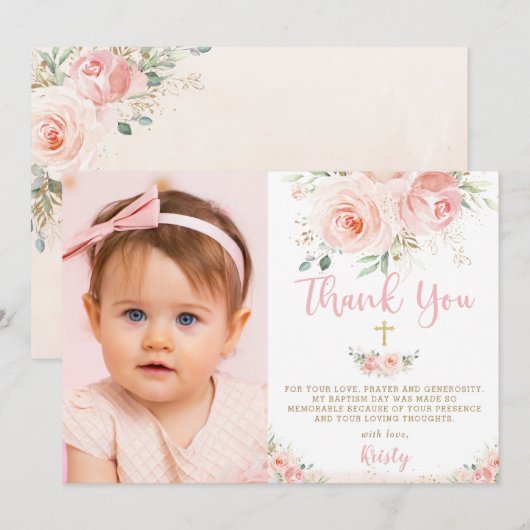 Elegant Chic Blush Pink Floral Gold Baptisme Foto Bedankkaart (Voorkant / Achterkant)