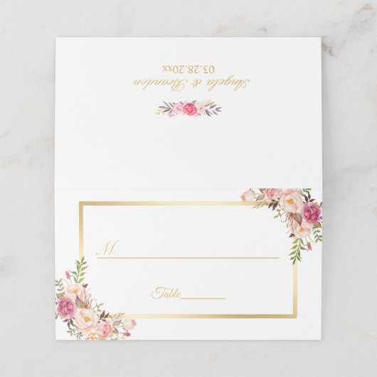 Elegant Chic Blush Pink Floral Gold Lijst Wedding Plaatskaartje (Buitenkant ongevouwen)