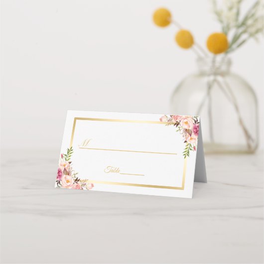 Elegant Chic Blush Pink Floral Gold Lijst Wedding Plaatskaartje (Voorkant)