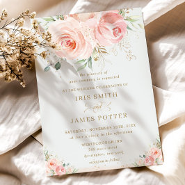 Elegant Chic Blush Pink Floral Gold Wedding Kaart