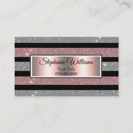 Elegant Chic Blush Pink & Silver Glitter Stripe Visitekaartje (Voorkant)
