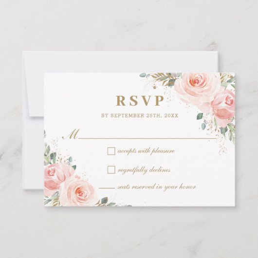 Elegant Chic Blush Roses Floral Gold Wedding RSVP Kaartje (Voorkant)
