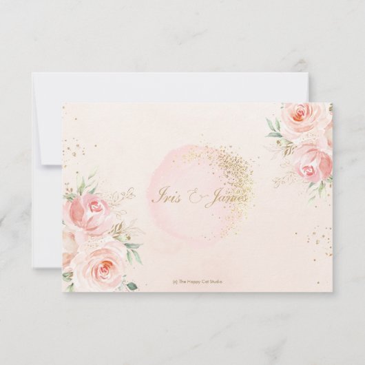 Elegant Chic Blush Roses Floral Gold Wedding RSVP Kaartje (Achterkant)