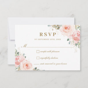 Elegant Chic Blush Roses Floral Gold Wedding RSVP Kaartje